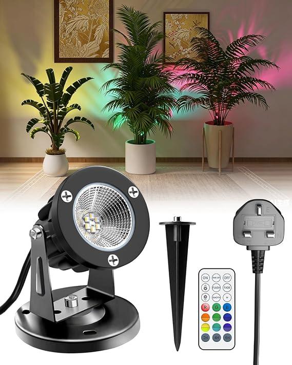 RGB LED Spot Lights with Remote Control, Plant Uplighter Indoor & Outdoor IP65 Water Resistant, 16 Colour Changing Mains Powered Plug in Spotlight with Base and Stake, 1.78m Cord, 6W [Energy Class A]