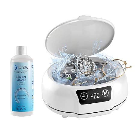 KUNPHY Ultrasonic Cleaner, 700ml(24.5 Oz) 48KHz Ultrasonic Cleaner with Retainer Cleaner Solution 8 oz