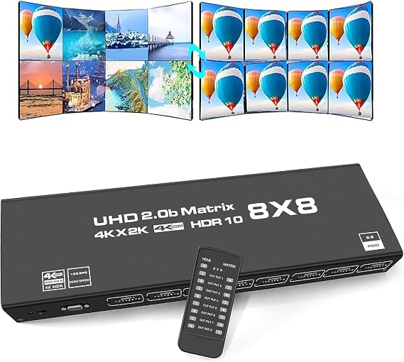 HDMI Matrix Switch 8x8 4K@60Hz HDMI Matrix switcher 8 in 8 Out YUV 4:4:4/RGB with RS232, IR, 18Gbps, HDCP2.2, HDMI2.0, 3D,EDID,ARC,CES,HDR 10