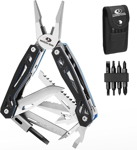 Mossy Oak 22-in-1 Multitool Stainless Steel Black Folding Tool with 4 Bits Knife Ruler Saw with Carry Bag for Hiking Camping and Repairs