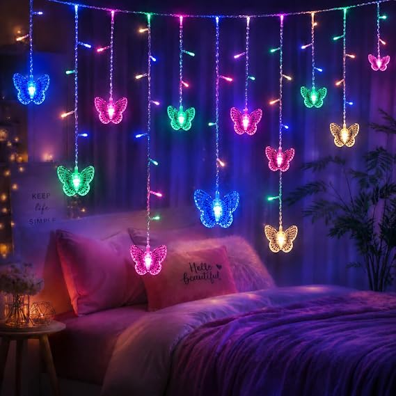 Butterfly Curtain Fairy Lights USB Plug in,8 Modes 120 LED 20FT Firefly Twinkle Timer String Lights with Remote for Bedroom Patio Christmas Wedding Party (Multi-Colored(Pink))