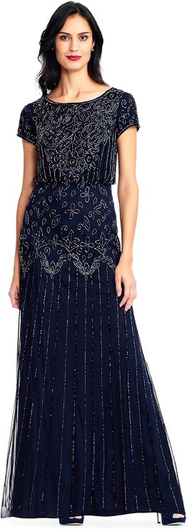 Adrianna Papell Boat Neck Short Sleeve Blouson Beaded Gown