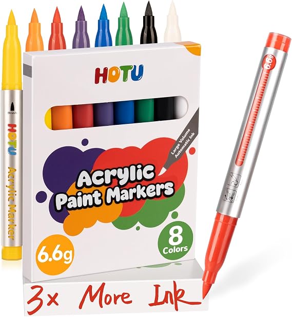 HOTU Acrylic Paint Markers Brush Tip 8 Colors, 3X (6.6g) Large Capacity Ink, No-bleed Water-Based Acrylic Paint Markers for Coloring Book Rock Painting Paper Fabric Wood Eggs DIY Crafts