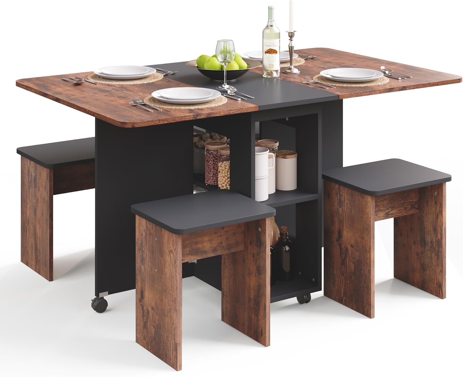 Mondeer Folding Dining Table and Chairs Set 4, Drop Leaf Table for Small Spaces with 4 Chairs, Foldable Table with Storage Shelf, for Kitchen Dining Room (Rustic Brown and Black)
