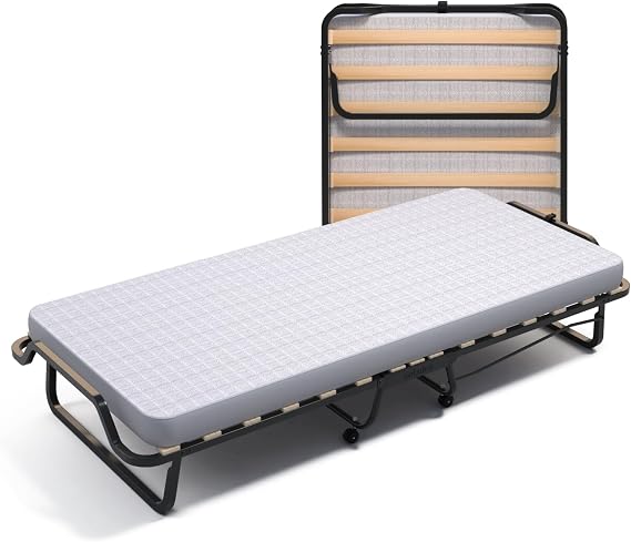 soluko Folding Camp Bed 90 x 200 XL Comfort with Slatted Frame Polyurethane Mattress and Dust Cover Included Sturdy Construction with 4 Castors - 100% Made in Italy
