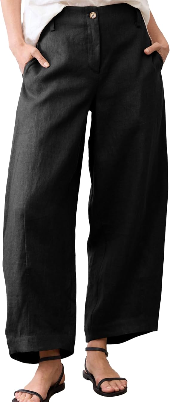 Faleave Women's Linen Pants Casual Capri Baggy Palazzo Pants Breathable Wide Leg Trousers Beach Vacation Outfits