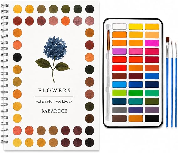 Babaroce Spiral-Bound Watercolor Workbook with Guided Flower Illustrations Beginner Painting Practice Book with Themed Sketch Pages, Includes 36 Color Watercolor Set & Brushes (Flowers)