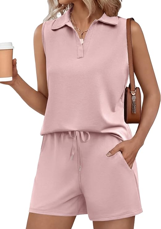 Glamaker Womens Two Piece Short Sets Summer V Neck Travel Outfits Sweatsuits Sleeveless Lounge Sets Tracksuit