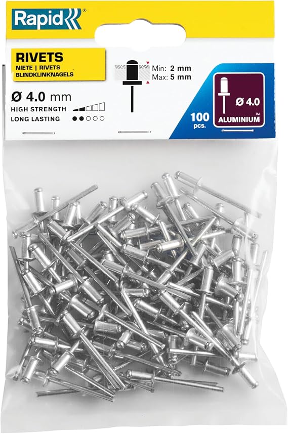 Rapid Percin 4X8 mm Aluminyum 100 Adet | Alüminyum yassı yuvarlak başlık; 2 – 5 mm sıkıştırma alanı; 4 mm çap; metal ve plastik için; 100 adet