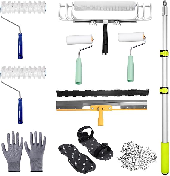 Self-Levelling Cement Tool Kit, Epoxy Floor Kit, Spike Roller for Self Leveling, Floor Leveling Tools with Epoxy Roller, Epoxy Shoes Spikes, Self-Leveling Rake, Stainless Steel Scraper, Extension Rods