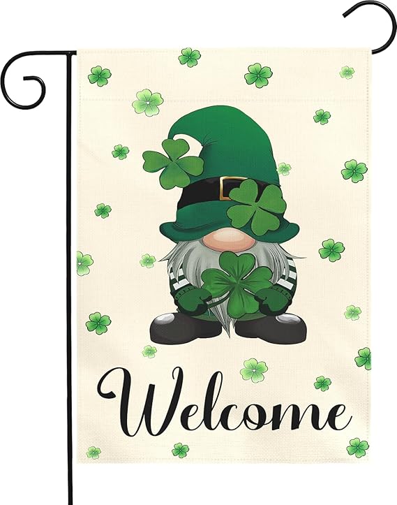 St Patrick’s Day Garden Flag 12x18 Inch Welcome Gnome with Shamrocks Double Sided Outdoor Yard Flags Irish Clover Decorations for Spring Porch Patio Lawn Farmhouse Seasonal Holiday Décor