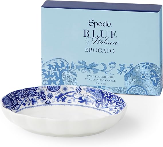 Spode Blue Italian Brocato 6" Oval Fluted Dish | Scalloped Rim, Porcelain, Dishwasher Safe