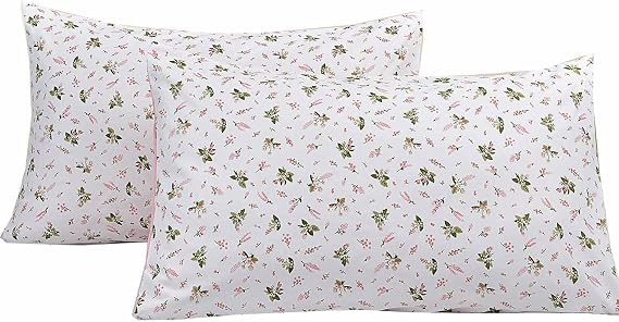 Nanko Floral Pillow Case Set (2 Pack), Pink White Floral Green Leaf Flower Print Pattern Pillowcases/Pillow Shams - Soft Bedding Spring Farmhouse Style for Women Girls Queen Size 20x30 inch Standard