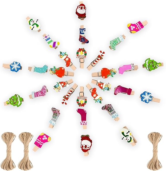 XDW-GITFS Clothespins,1.38 Inch 30 Pcs Wooden Photo Clips with Jute Rope for Christmas, Cute Gifts Suit for Holiday