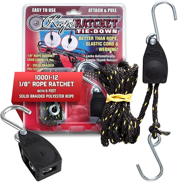 Rope Ratchet 1/8 Adjustable Tie Down Hanger, Locking Utility Rope 6 ft