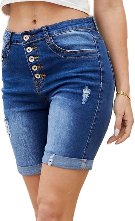 Atditama Ripped Denim Shorts for Women Stretch Summer Mid Rise Button Closure Frayed Folded Hem Jean Shorts