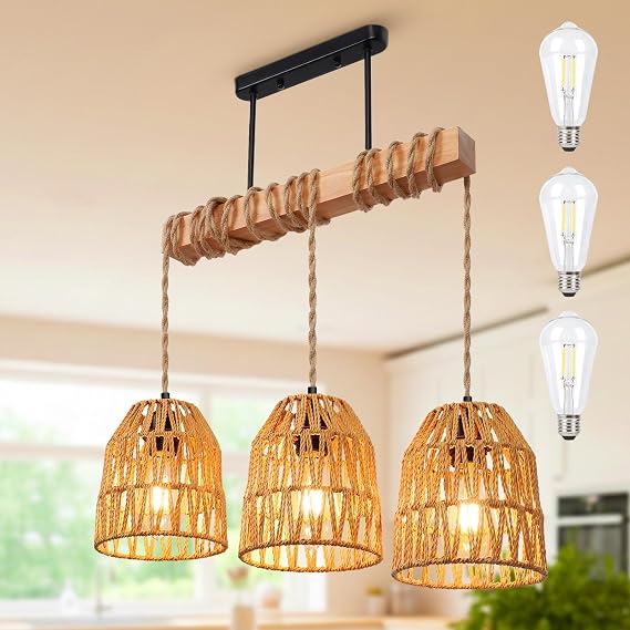 Rattan Pendant Light Kitchen Island Chandelier Height Adjustable Boho Lamp E27 Basket Lamp for Dining Room Living Room Bedroom Hallway Kitchen