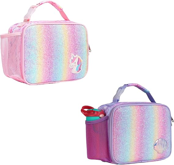 Bagseri Pink Lunch Bag for Girls and Purple Lunch Bag Bundle, Insulated Kids Lunch Bag With Water Bottle Holder