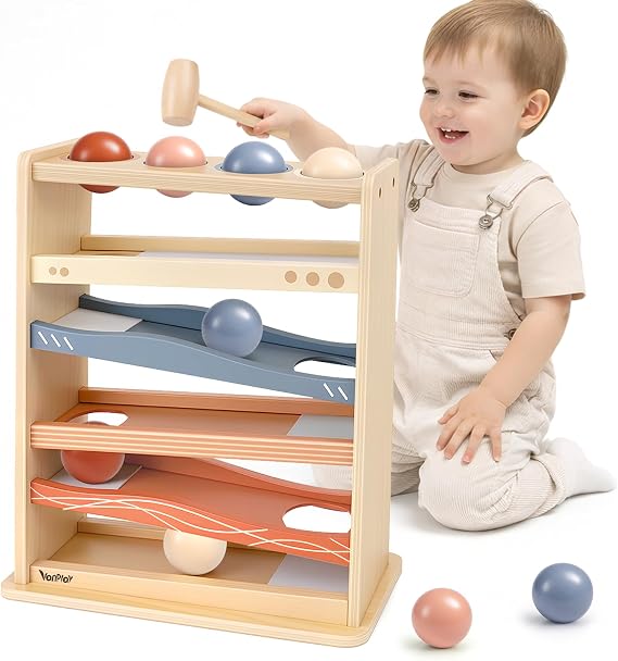 Vanplay Wodden Toys for 1 Year Old Boys Girls, Hammering Pounding Toy with 4 Roll Balls and1 Hammer, Toddler Montessori Toys for Baby no Installation Required, Gifts for 1-3 Year Old Boy Girl