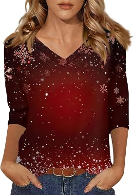 Christmas Shirts for Women V Neck 34 Sleeve Snowflake Print Tops Fashion Xmas Christma Tree Graphic Tunic Blouse