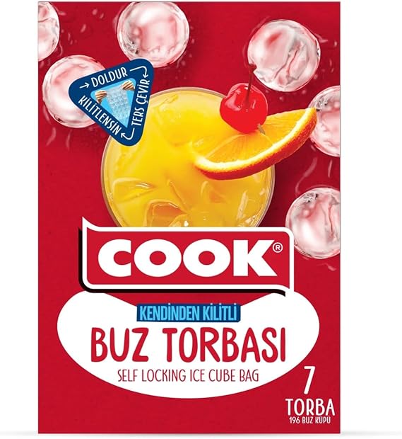 Cook Kendinden Kilitli Buz Torbası, 7 Yaprak, 28 Buz Küpü, Toplam 196 Küp, Zip Kilit