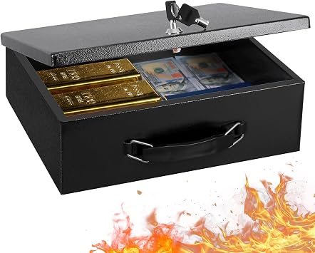 KYODOLED Fireproof Document Box with Key Lock, Large Safe Storage Box for Valuables, Fire Resistance Security Chest, Lock Box for Passport, Cash, Tablet 12.9 x 10.7 x 4.2 Black
