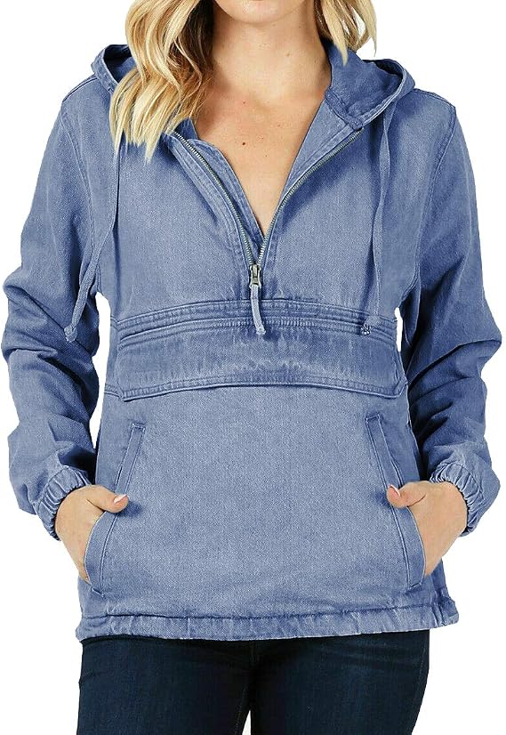 Womens Premium Cotton Casual Hoodie Half Zip Pullover Denim Jean Jacket Slim FIT