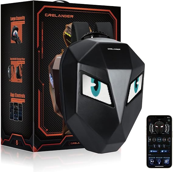 Crelander LED Knight Backpack, 16 inch App Control Expandable Hard Shell Motorcycle Helmet Backpack with DIY Programmable Full Color Screen Waterproof Large Capacity DIY Pixel Art Animation for Riding