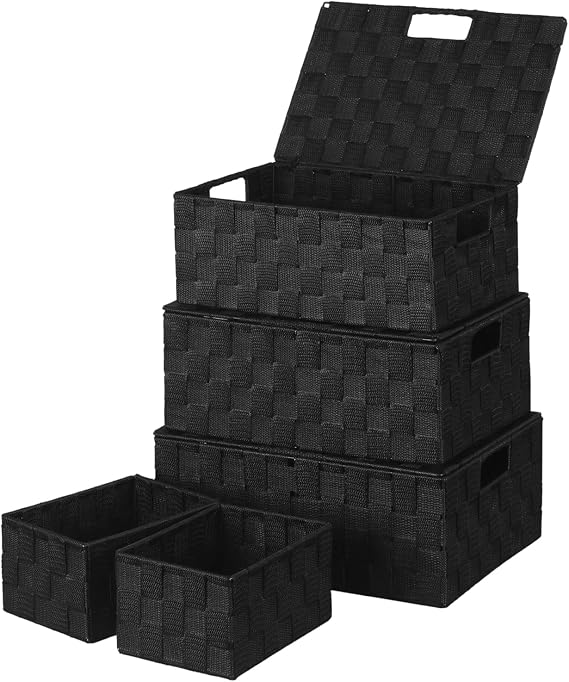 Woven Polypropylene Basket Set of 5, Woven Storage Basket Tote Container, Small Basket Organizer Bins for Drawer, Bedroom, Bathroom, Office, Shelf, Dresser, Black