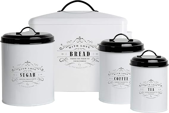Baie Maison Extra Large White Farmhouse Bread Box for Kitchen Countertop - Holds 2+ Loaves for All Your Bread Storage with Matching Large Kitchen Canisters Set of 3 - Coffee Tea Sugar Container Set