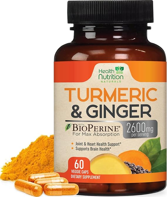 Turmeric Curcumin Supplement - 95% Curcuminoids with Organic Turmeric & Ginger, BioPerine Black Pepper Extract for Best Absorption, Natural Vegan Joint Support, Non-GMO, Bottled in USA - 60 Capsules