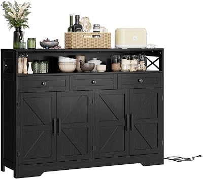 51 Black Buffet Cabinet with Adjustable Shelves, 4 Doors and 3 Drawers Kitchen & Dining Room Storage Cabinet