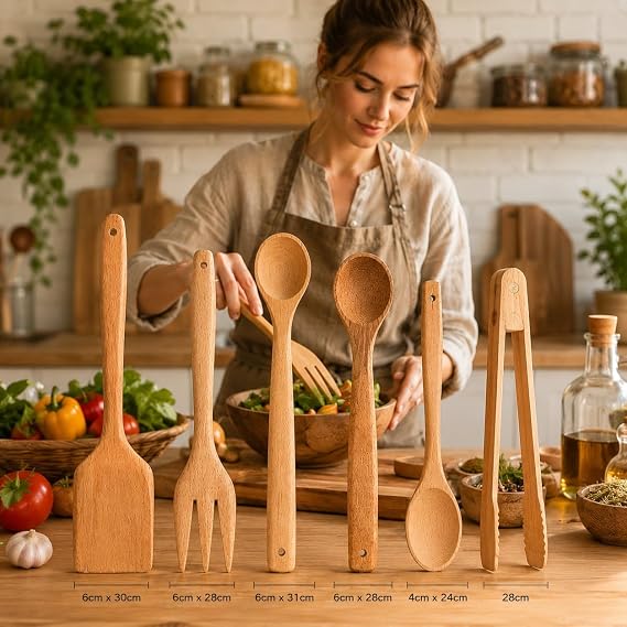 Doğal Şimşir Ağacından Ahşap Mutfak Seti, Spatula, Çatal, Kaşık ve Maşa, 6 Parça, Doğal Renk