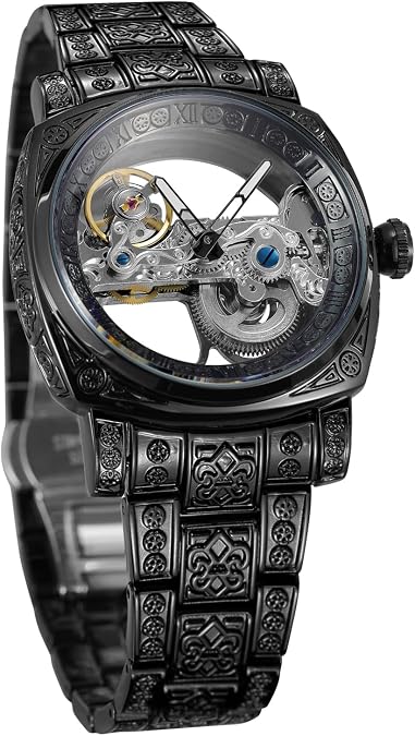 Men's Automatic Mechanical Watch Skeleton - Square Case with Vintage Engravings, Exposed Bridge Movement, Luminous Hands, Stainless Steel Strap & Deployant Clasp