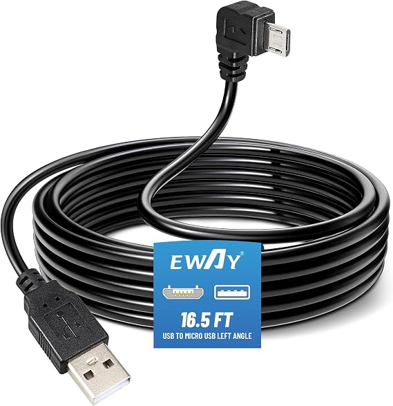 EWAY Dash Cam Mircro USB Power Cord 16.5ft, USB 2.0 A to Micro-B Left Angle 90 Degree Replacement Power Supply Cable Car Charger Adapter USB Connector for Dashcam Dash Board Recorder Recording Camera