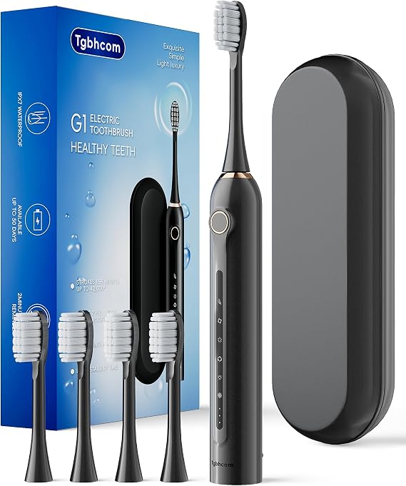 Black Electric Toothbrushes, with 4 Brush Heads, 1 Travel Toothbrush Case, for Adults and Kid Electric Toothbrush, Long 180-Day Battery Life, 6 Modes, IPX7 Waterproof, Smart 2-Minute Timer.