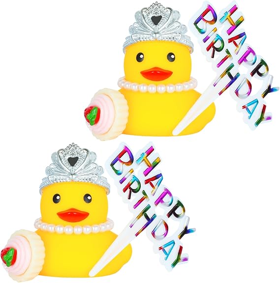 2pcs Rubber Ducks Birthday Party Decorations Set with Crown, Pearl Necklace, Cake & Birthday Sign, Mini Rubber Duck for Car Dashboard Decor, Shelf Display - for Duck Fans and Collectors