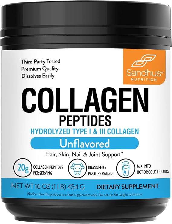 Sandhu's Grass-Fed Hydrolyzed Bovine Collagen Peptides Powder, Unflavored | Supports Youthful Skin, Hair, Nails, Mobility & Flexibility | for Men & Women | 1 lb, 22 Servings