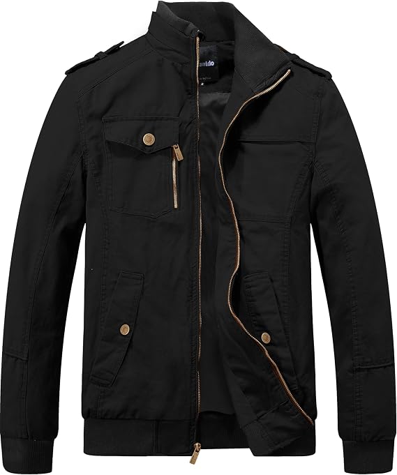 Wantdo Men's Military Jacket Casual Bomber Jacket Stand Collar Canvas Jacket Windbreaker