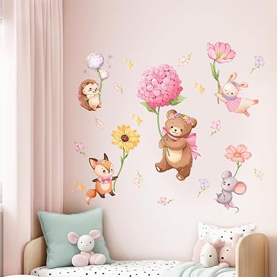 Pink Cartoon Animal Wall Decals, Bear Squirrel Rabbit Holding Flowers Flying Wall Stickers Peel and Stick Wall Decal Self Adhesive Wall Art Sticker for Girls Baby Nursery Kids Room Home Decor