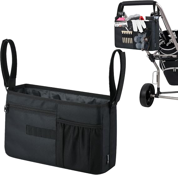 Golf Push Cart Organizer Bag Golf Club Accessories Storage Bag with Drink Holders for Golf Carts Course Stroller with Adjustable Compartments, Zipped Pockets & Golf Tee Attachment Straps