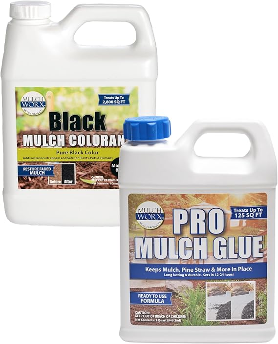 Pro Mulch Glue Ready to Use- Glues & Locks Mulch and Black Mulch Color- Pure Midnight Black Mulch Dye Spray - Quart (32oz)