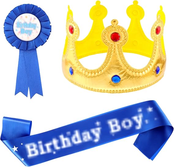 WILLBOND Birthday Boy Crown Sash and Pin Set, Party Favors for Boys | 3-Piece Kit, Gold King Crown, Birthday Sash, Button Pins, Boys Kids Party Supplies