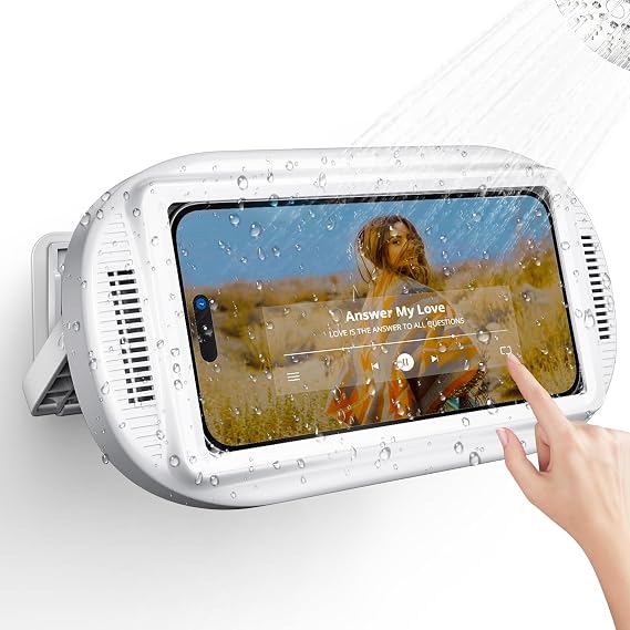 Shower Phone Holder Waterproof IPX6, Dual Speaker Vents Clear Sound