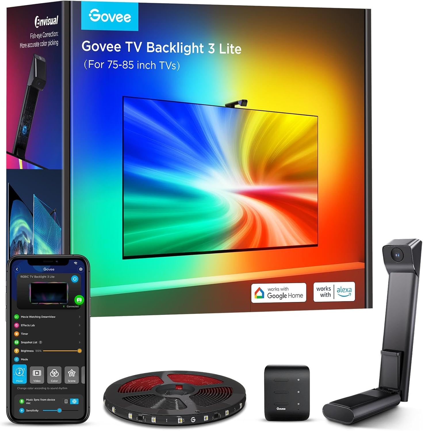 Govee Envisual Led 3 Lite TV Arkası Led Şerit Ambiyans Aydınlatma Tv Renk Senkronizasyonu 75-85 inc TV'ler ile Uyumludur