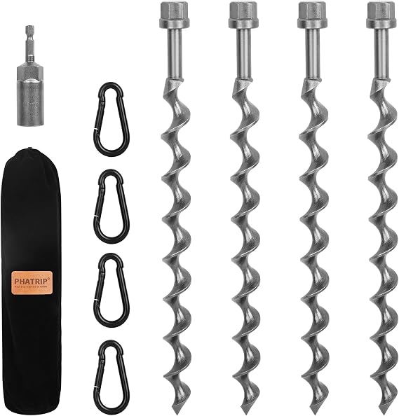 11.5" Ground Anchors Screw-in, 4-Pack Heavy Duty Tent Stakes with Carabiners and Power Nut Driver Drill Bit, Steel Earth Anchors for Camping Tents, Swing Sets, Securing Animals, Sheds and Trampolines