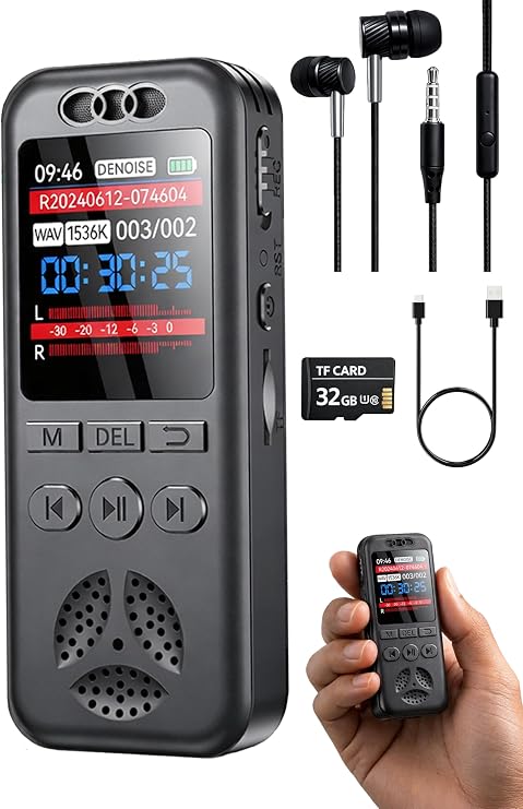 32GB Digital Voice Recorder with Playback, Voice Activated Recording | Small Size, 1536Kbps Audio, 70dB Noise Reduction, A-B Repeat, Device Portable Mini for Lectures, Meetings, Interview etc