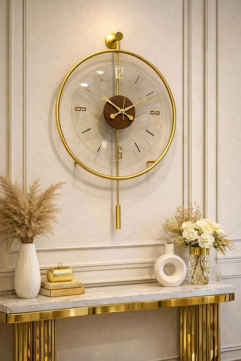 MetaQuartz Aksesuar Masif - Luxry Şefaf (TAMPERLİ KIRILMAZ CAM) - (50 ÇAP)- Quartz Mekanizma - Metal Duvar Saati GOLD 50 x 75