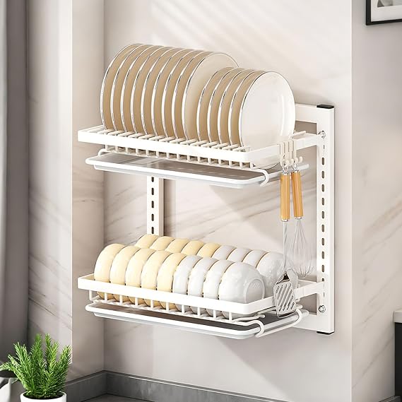 Wall Mounted Dish Drying Rack,Large Dish Drying Rack Dishes,Multi-Level Kitchen Organizer with Drainboard & 4 Hooks White Double-Layer Model 16.5in Standard