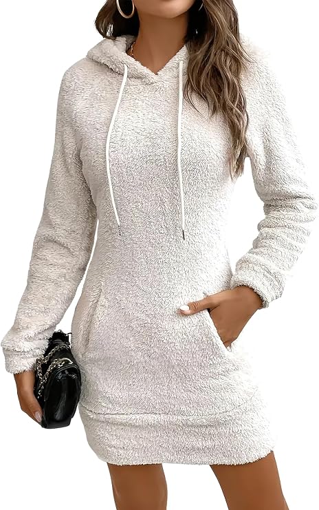 Women's Long Hooded Sweatshirt Fuzzy Furry Loose Kangaroo Pocket Pullover Mini Dress with Drawstring